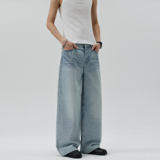 批发春夏新款美式浅蓝水洗鬼爪猫须棉质扎花牛仔裤男直筒宽松潮牌