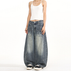 批发2026春季新款设计感前贴袋激光印花弯刀弧形解构宽松牛仔裤男女