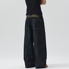 批发2026美式复古绣花字母潮牌原色粗斜纹牛仔裤男女vintage宽松百搭