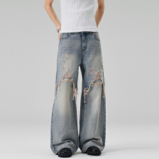 批发2026春夏新款美式个性破洞割烂裙裤宽松直筒A字牛仔裤男潮牌长裤