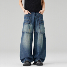 2026复古分割不规则毛边假两件水洗弯刀裤baggy宽松阔腿牛仔裤