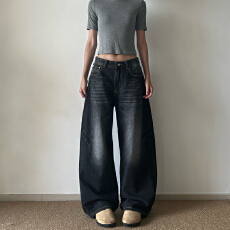 美式复古新款水洗闪电爆裂纹弯刀弧形牛仔裤cleanfit宽松百搭裤子