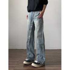 批发美式复古水洗斜门纽扣直筒<b class='q'>牛仔裤</b>设计感小众宽松休闲百搭阔腿裤