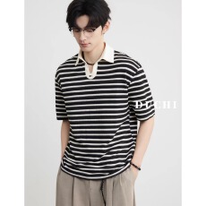 批发黑色条纹短袖polo衫夏季美式复古潮牌<b class='q'>t</b><b class='q'>恤</b>cleanfit痞帅翻领上衣