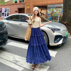 批发藏青色碎花蛋糕裙女夏2025新款高腰宽松显瘦垂感伞裙半身裙