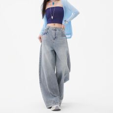 批发美式复古水洗做旧弯刀牛仔裤女夏新2025新款宽松设计阔腿<b class='q'>长裤</b>加长