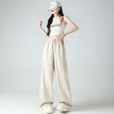 批发浅卡其冰丝阔腿裤女夏薄款2025新款松紧腰速干棉麻裤<b class='q'>长裤</b>&加长