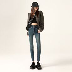批发复古蓝牛仔<b class='q'>小脚裤</b>女2025年秋季双扣毛边高腰显瘦紧身<b class='q'>弹力</b>铅笔裤子