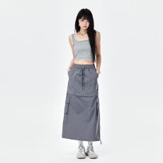 批发灰色<b class='q'>街头</b>辣妹工装裙女2025早秋新款可拆卸两穿拼接款工装裙子