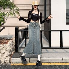 批发<b class='q'>牛仔</b>裙半身裙显瘦遮胯包臀裙秋装新款女高腰气质百搭鱼尾裙