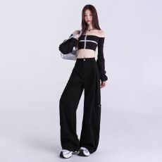 批发秋季新款白色老钱风高腰显瘦工装<b class='q'>休闲</b>裤女宽松直筒阔腿弯刀裤