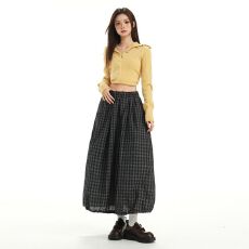 批发高腰格纹复古撞色肌理感格子半身裙女2025秋宽松抽绳下摆a字<b class='q'>长裙</b>