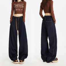 批发秋款四面弹抗皱免烫休闲牛仔垂顺防褪色<b class='q'>松紧腰</b>头宽松直筒窄阔大码