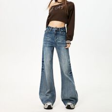 批发美式重工弹力不贴腿宽松微喇阔腿压皱猫须舒适喇叭<b class='q'>裤</b><b class='q'>牛仔裤</b>女