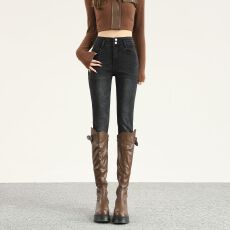 批发秋冬黑灰色新款高腰高<b class='q'>弹力</b>小脚牛仔裤女显瘦百搭黑灰铅笔靴子裤