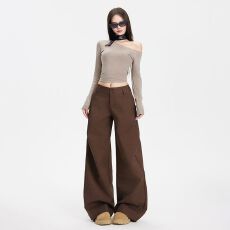 批发琥珀色系2025秋冬新款摩卡棕高腰垂感显瘦微喇休闲裤直筒<b class='q'>西装</b>裤