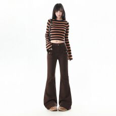 批发欧洲站2025年秋冬高腰前兜兜<b class='q'>提</b><b class='q'>臀</b>设计显瘦微喇老钱风卡其色牛仔<b class='q'>裤</b>