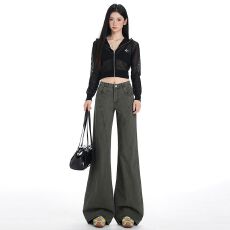 批发美式复古微喇口袋工装牛仔<b class='q'>裤</b>秋季新款高腰宽松阔腿拖地<b class='q'>裤</b>女