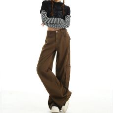 批发咖色棉质轻工装牛仔<b class='q'>裤</b>女秋季潮高腰显瘦大口袋宽松阔腿拖地长<b class='q'>裤</b>