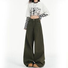 批发军绿色直筒高腰阔腿牛仔<b class='q'>裤</b>女2025秋季新款纯色休闲潮流百搭拖地<b class='q'>裤</b>