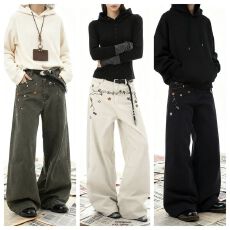 批发<b class='q'>春</b>秋新美式黑色水洗磨白豹纹弯刀牛仔裤女廓形松弛感宽松阔腿裤子