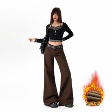 批发加绒加厚咖啡色美式低腰阔腿喇叭<b class='q'>牛仔裤</b>女不贴腿宽松喇叭裤子