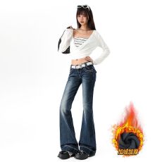 批发加绒加厚美式<b class='q'>牛仔裤</b>女2025秋冬低腰<b class='q'>弹力</b>辣复古辣妹风喇叭裤子