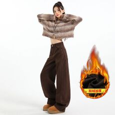 批发厚绒美拉德咖色阔腿<b class='q'>牛仔</b>裤女秋冬弯刀高街拖地裤