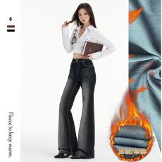 批发美式蓝黑色加绒不贴腿微喇<b class='q'>牛仔裤</b>女2025冬季新款<b class='q'>弹力</b>显瘦喇叭裤