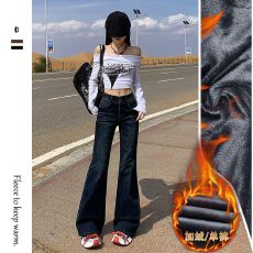 批发美式深蓝微喇真超绒<b class='q'>牛仔裤</b>2025冬季新款中腰<b class='q'>弹力</b>显瘦不贴腿喇叭裤