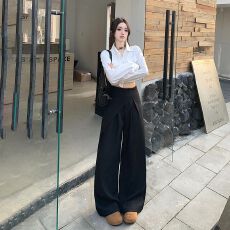 批发黑色<b class='q'>西装</b>裤女2025秋冬新款不规则拼接直筒阔腿宽松垂感休闲裤