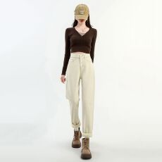 批发米白高腰P牌弹力<b class='q'>牛仔</b>裤女冬季新款【加绒】宽松百搭<b class='q'>哈伦</b>裤