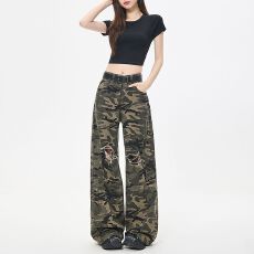批发美式复古<b class='q'>迷彩</b>破洞工装<b class='q'>裤</b>女 春秋款高腰宽松直筒阔腿运动<b class='q'>裤</b>子