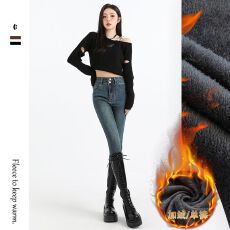 批发复古蓝加绒牛仔<b class='q'>小脚裤</b>女2025秋冬新款双扣毛边高腰显瘦弹力铅笔裤