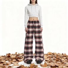 批发美式复古<b class='q'>走</b><b class='q'>秀</b>同款红色格纹磨毛男女休闲拖地裤宽松显高直筒长裤