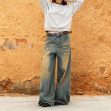 批发春秋潮美式复古黄泥水洗做旧<b class='q'>牛仔裤</b>男女潮牌高街vibe宽松阔腿长裤
