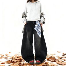 批发新美式复古格纹方巾<b class='q'>牛仔裤</b>男女秋冬季潮牌宽松弯刀阔腿休闲长裤潮