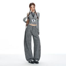 批发美式复古黑白<b class='q'>棋盘</b><b class='q'>格</b>纹弯刀裤女新款重工厚款低腰休闲宽松阔腿裤