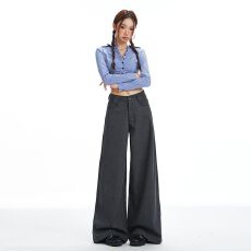 灰色毛呢西装裤女秋冬新款简约通勤高智感穿搭宽松显瘦阔腿拖地裤