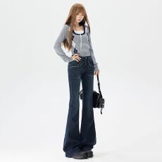 批发美式复古猫须<b class='q'>绣花</b>个性不贴腿<b class='q'>牛仔裤</b>女秋季新款修身阔腿长裤子