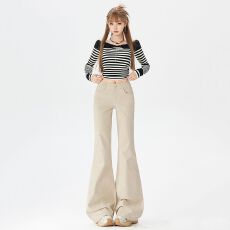 2色卡其黑色中低腰微喇叭牛仔裤女2025新款修身显瘦长裤子