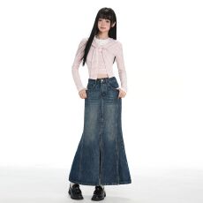 批发美式复古｜前开叉设计｜包臀<b class='q'>牛仔</b>半身裙女