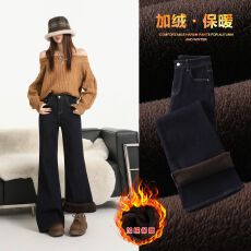 批发厚绒辣妹四面弹咖色喇叭牛仔<b class='q'>裤</b>秋冬新款宽松显瘦不贴<b class='q'>腿</b>微喇<b class='q'>裤</b>