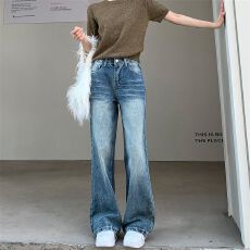 批发水洗宽松直筒美式复古牛仔裤女秋磨白阔腿<b class='q'>休闲裤</b>子