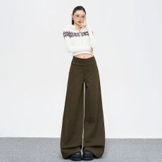批发美式休闲垂感百搭显瘦西裤拖地宽松秋冬新款侧腰纽扣显腰线通勤
