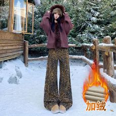 批发秋冬美式潮流复古豹纹<b class='q'>休闲裤</b><b class='q'>女</b>时尚设计百搭高腰显瘦宽松阔腿长裤