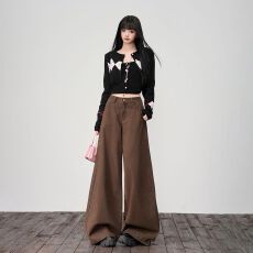 批发25秋冬季新款 洗褪面料高腰显瘦<b class='q'>设计</b>宽松大阔腿休闲裤女