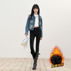 批发黑色牛仔裤女士双排扣设计紧身弹力铅笔小脚裤秋冬厚绒款