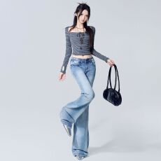 批发美式复古低腰辣妹喇叭裤垂<b class='q'>感</b>显瘦修身百搭渐变<b class='q'>牛仔裤</b><b class='q'>女</b>