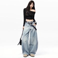 批发美式复古街头廓形弯刀<b class='q'>牛仔裤</b>宽松阔腿拖地长裤香蕉裤镰刀裤